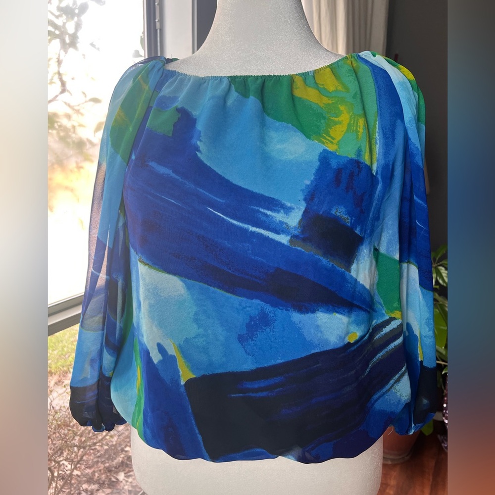Chaus Blue and Green Abstract Blouse Size L Artsy Silky Comfortable Stylish